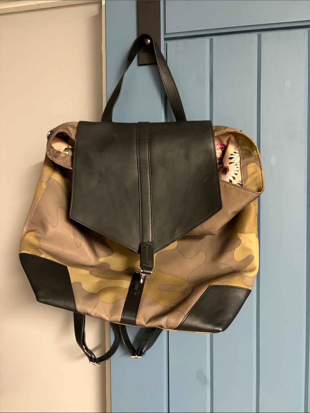 Stella & Dot Camo Canvas Backpack with Black Leather Flap